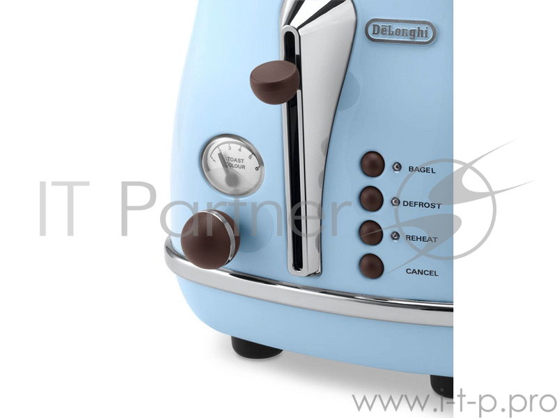 Тостер DeLonghi CTOV 2103.AZ, 900 Вт, на 2 тоста, разморозка, обжаривание, решетка для подогрева, поддон, голубой