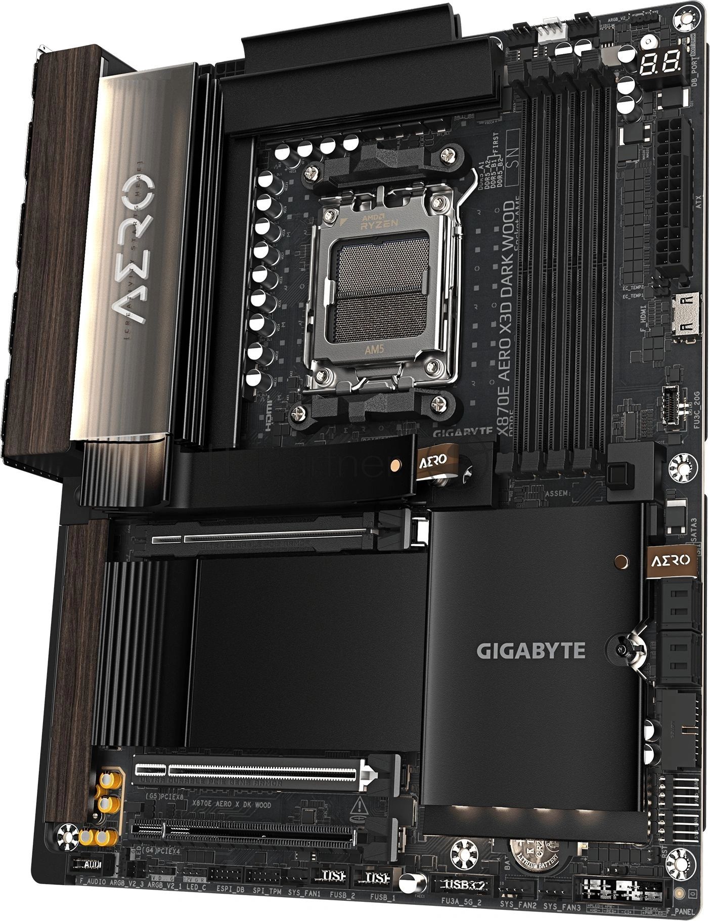 Материнская плата Gigabyte X870E AERO X3D DARK WOOD, AM5, AMD X870E, 4xDDR5, 4xSATA 6Gb/s, 4xM.2, 2xPCIe 5.0 x16, 1xPCIe 4.0 x4, 1xHDMI, 2x5Gb LAN, 3xUSB Type-C, 5xUSB 3.2 Gen 2, 3xUSB 3.2 Gen 1, 2x3.5 мм, 7.1, ATX