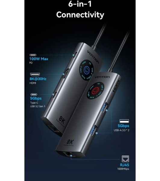 USB-концентратор Vention TQZHB, USB Type-C, USB/HDMI/RJ-45/USB Type-C, USB Type-C