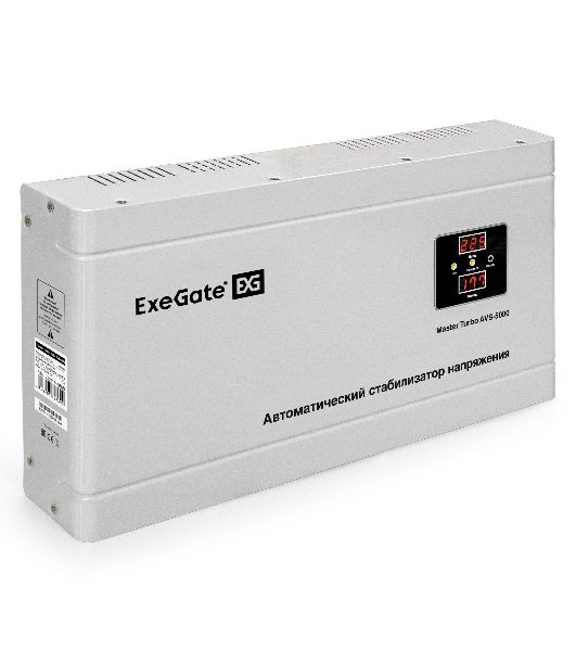 Стабилизатор напряжения ExeGate Master Turbo AVS-5000 (5000ВА, 100-265В, цифр. индикация вход/вых. напряжения, 220В±8%, КПД 98%, 5 уровней защиты, задержка, усиленный метал.корпус, клем.колодка, RTL)