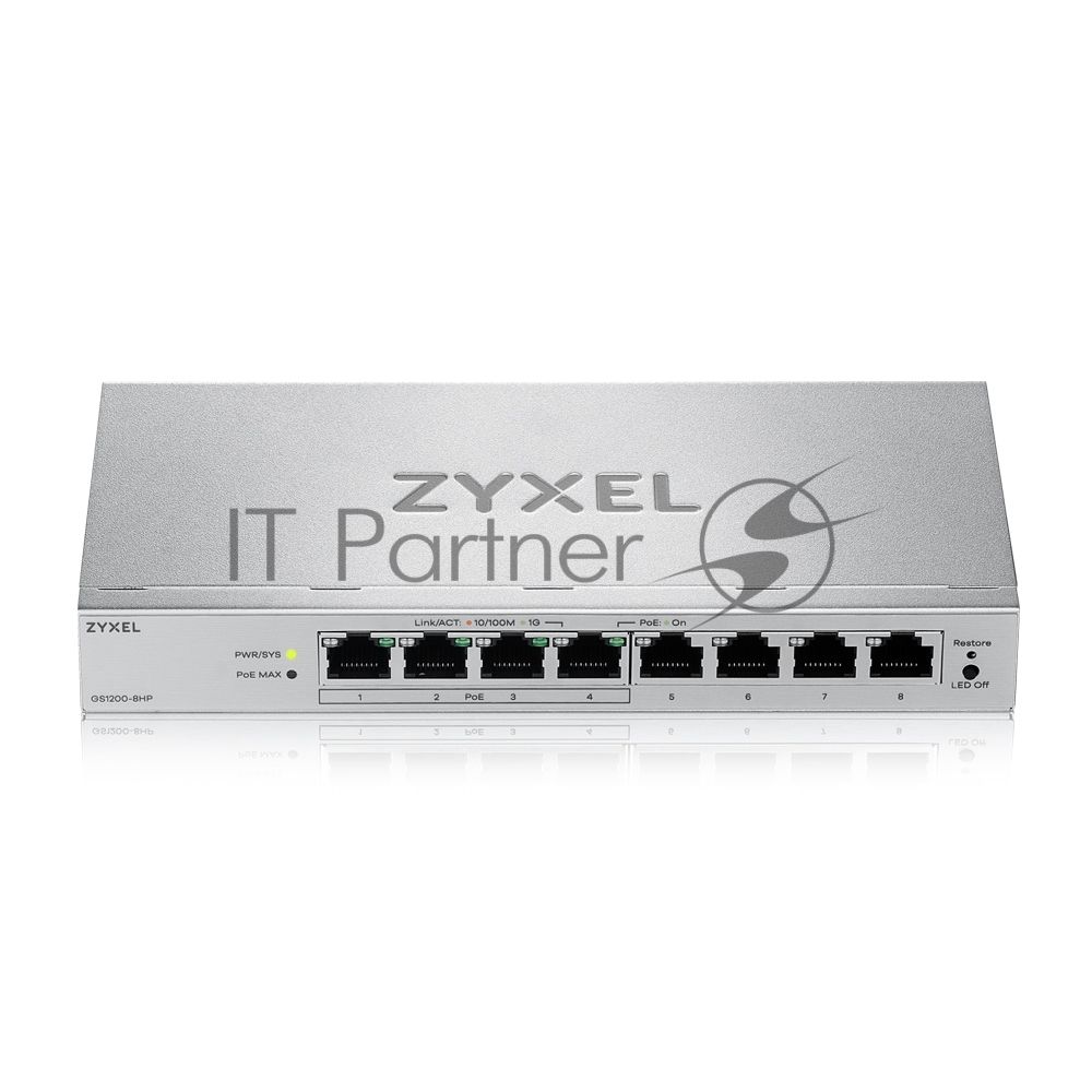 Коммутатор ZYXEL GS1200-8HPV3-EU0101F, 8×1 Гбит/с, 4×PoE+, 68 Вт, управляемый