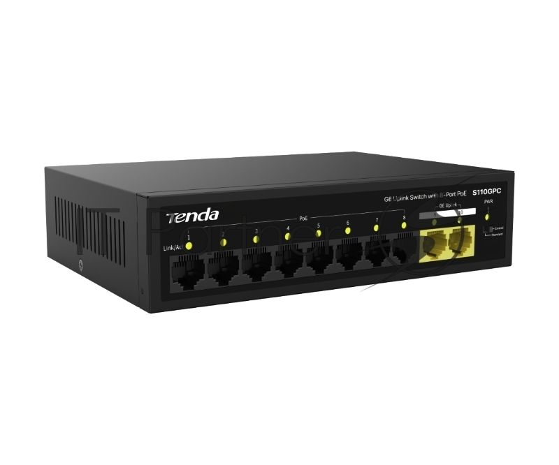 Коммутатор Tenda S110GPC, 8×100 Мбит/с PoE + 2×1 Гбит/с, неуправляемый