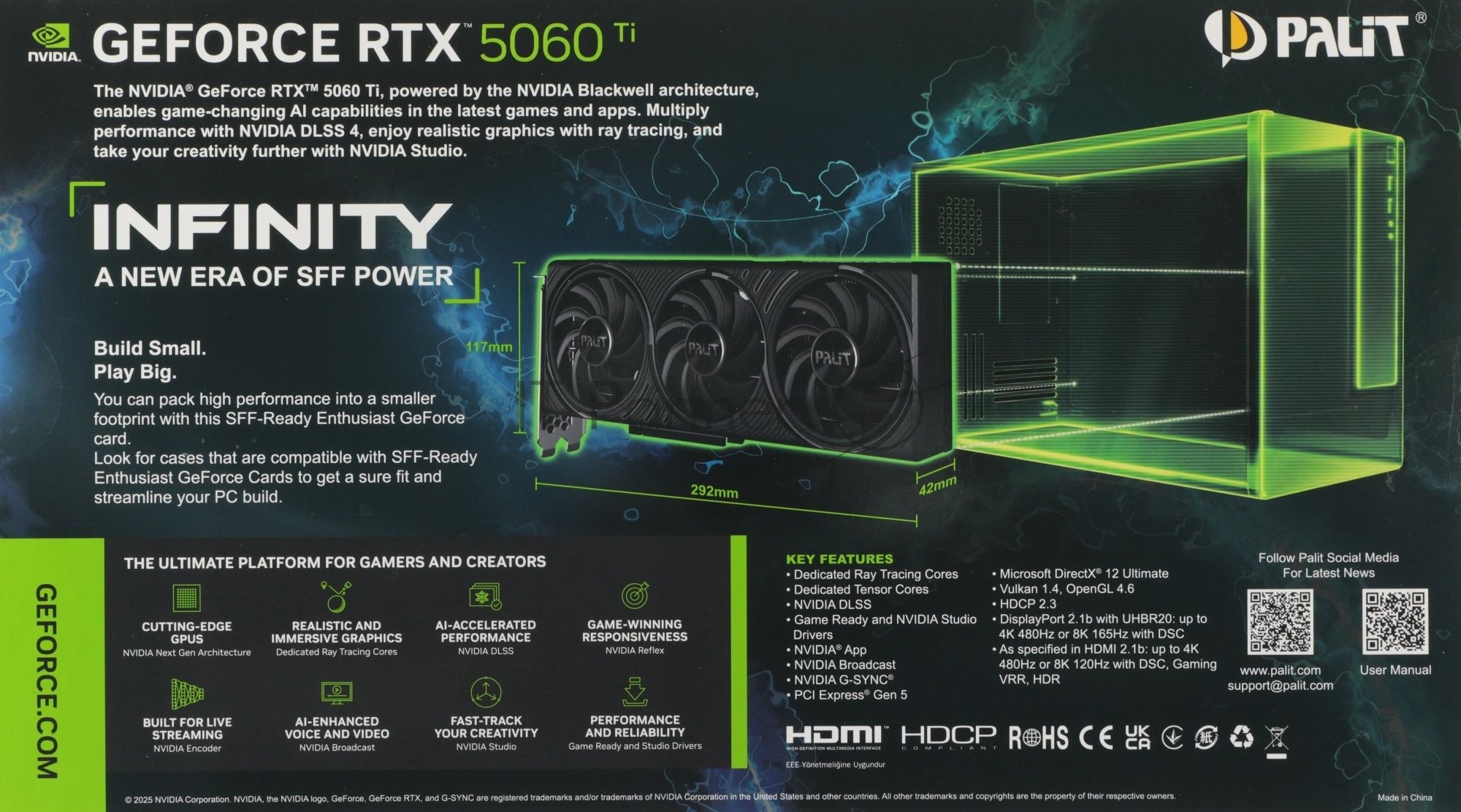 Видеокарта Palit GeForce RTX 5060 Ti Infinity 3, 16 GB GDDR7, 128 bit, 3xDisplayPort, HDMI, GPU 2407 MHz