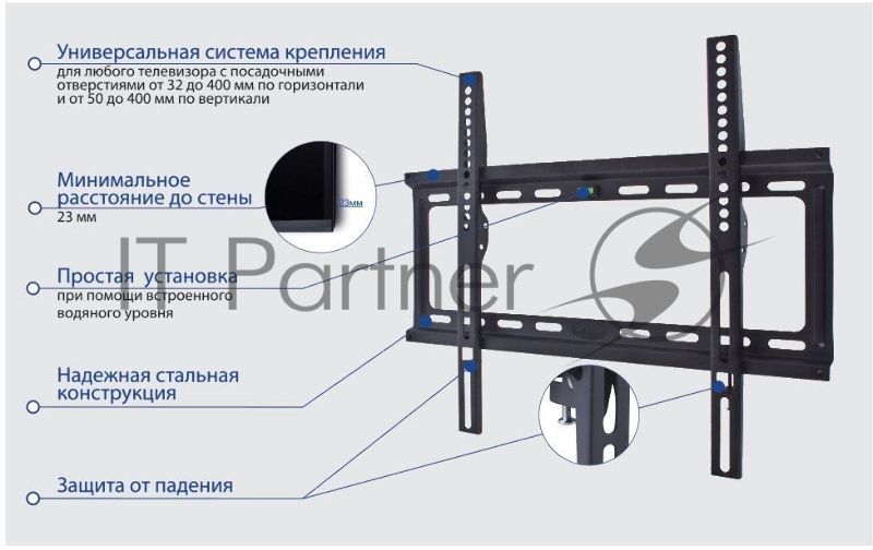Кронштейн Kromax IDEAL-3 черный, 22"-65", max 50 кг, настенный, VESA 400x400 мм, тонкий профиль