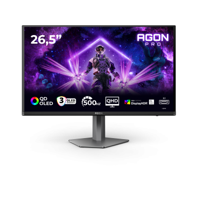 Монитор 26.5" AOC AGON AG276QKD2 QD-OLED 2560x1440, 500 Гц, 0.03 мс, 16:9, 1000 кд/м² (пиковая), DisplayHDR True Black 500, 2×HDMI 2.1, DP 2.1, USB Hub (2×USB-A 3.2 Gen1), 3.5 Jack, динамики (2×5 Вт), Adaptive-Sync, антибликовое покрытие, черно-серый