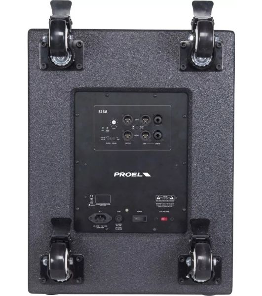 Активный сабвуфер PROEL S15A НЧ динамик 15", мощность пик. 1200 Вт, мощность ном. 600 Вт, АЧХ 40-160 Гц, макс. SPL 129 дБ, 2x Combo XLR/TRS входа, 2x XLR-M выхода, 2x XLR-M LINK, корпус фанера 15/18 мм, ручки для переноски 2 шт., гнездо для стойки