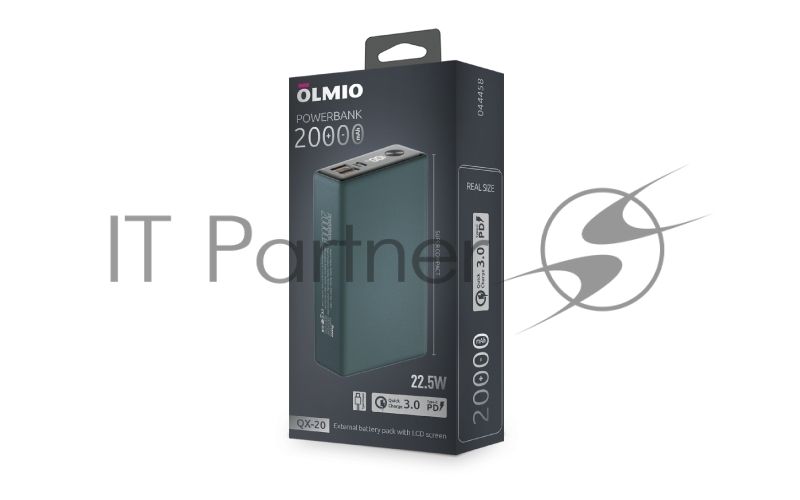 Портативный аккумулятор OLMIO QX-20, 20000mAh, 22.5W, QuickCharge3.0/PowerDelivery, LCD, темно-зеленый