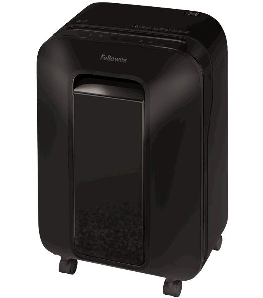 Шредер Fellowes PowerShred LX200 черный (секр.P-4)/перекрестный/12лист./22лтр./скрепки/скобы/пл.карты
