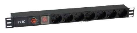 Блок ITK PDU 7 розеток DIN49440 (нем. станд.) с LED выключателем и защитой от перенапряжения, 1U, без шнура, вх. IEC320 C14, алюминевый профиль, черный