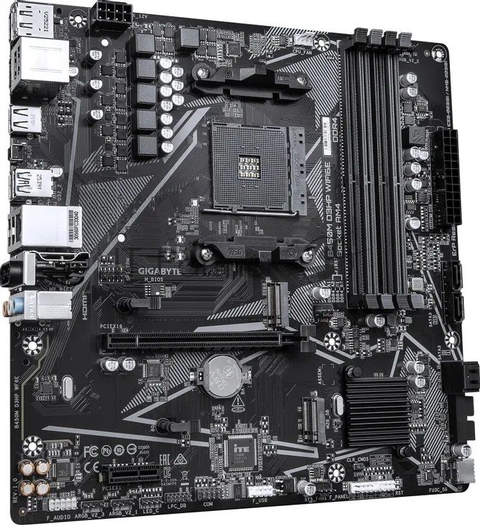 Материнская плата Gigabyte B450M D3HP WIFI6E, AM4, AMD B450, 4xDDR4, 4xSATA 6Gb/s, 2xM.2, 1xPCIe 3.0 x16, 1xPCIe 2.0 x1, 2xHDMI, 1xDisplayPort, 1x1Gb LAN, 4xUSB 3.2 Gen 1, 3xUSB 2.0, 3x3.5 мм, 7.1, microATX
