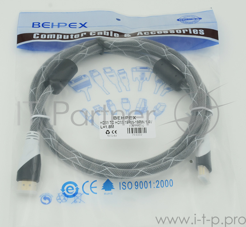 Кабель HDMI Ver.1.4 черный jack HDMI(19pin)/HDMI(19pin) 1.8м феррит.кольца позолоченные контакты