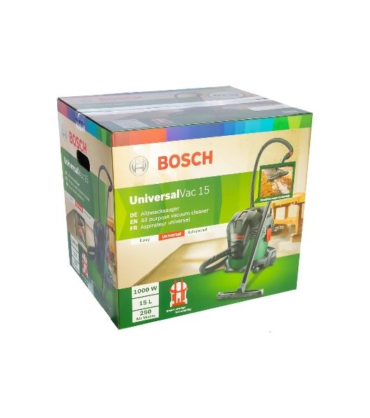 Строительный пылесос Bosch UniversalVac15 зеленый, 1000 Вт, уборка сухая/влажная, пылесборник контейнер, 15 л