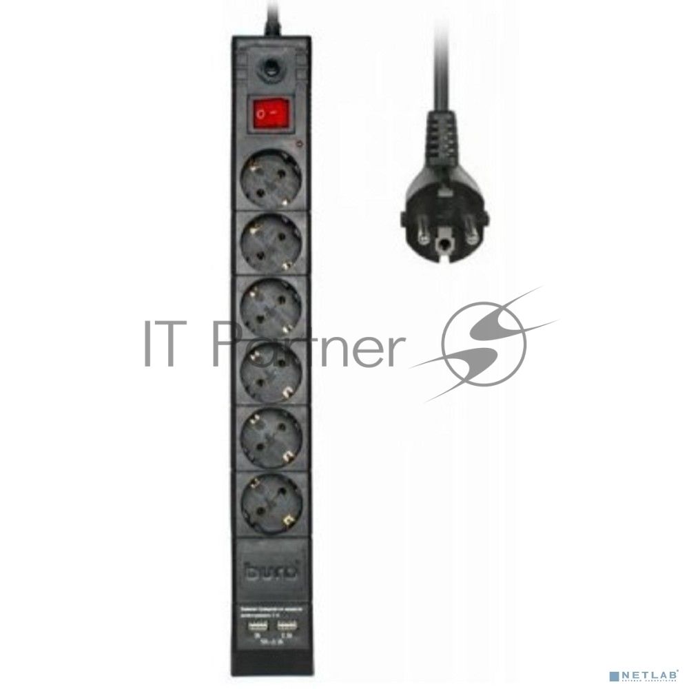 Сетевой фильтр Buro BU-SP3 USB 2A-B 3 м, 6 розеток, черный, коробка