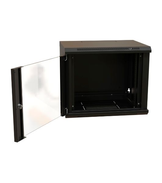 Шкаф коммутационный WRline (WR-TW-1245-GP-RAL9004) настенный 12U 600x450 мм пер. дв. стекл 2 бок. пан. 60 кг черный 370 мм 650 мм IP20 сталь