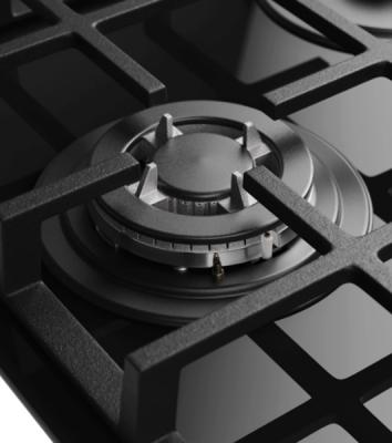 Варочная поверхность MONSHER MGG 44 Noir, High-Tech, газ, 45 см, газ-контроль, автоматический электроподжиг, чугунные решетки, форсунки под сжиженый газ, конфорки SABAF, поворотные переключатели, цвет черный
