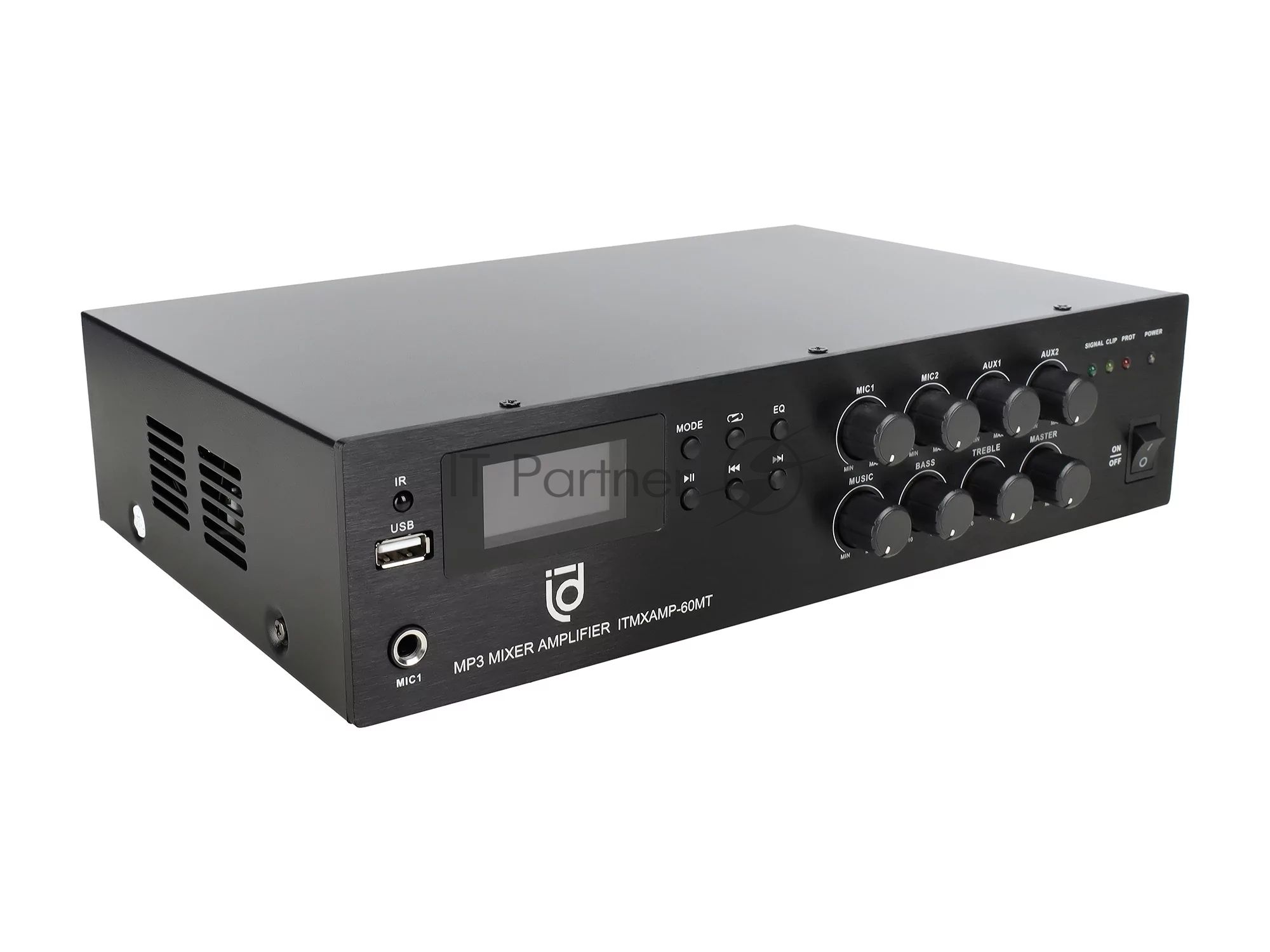 Микшер-усилитель Intrend ITMXAMP-60MT MP3, FM тюнер, USB, Bluetooth, 2хMic/3хLine входы, 1хLine выход,60 Вт, 4/8Ом/100V, IR-пульт в комплекте