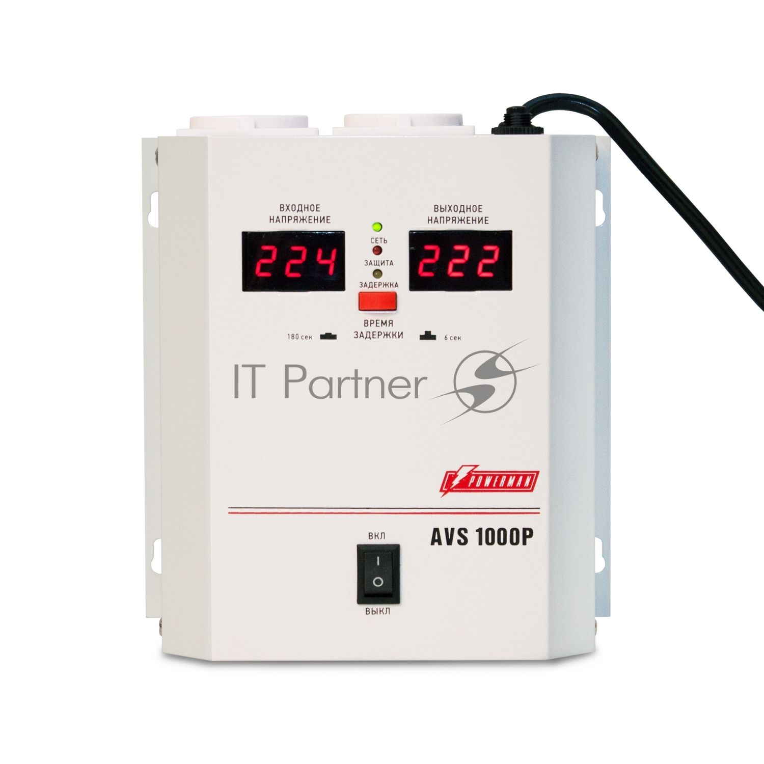 Стабилизатор напряжения Powerman AVS 1000P White (1000ВА,8А,КПД 98%, циф. индикация вх./вых. напряж.)