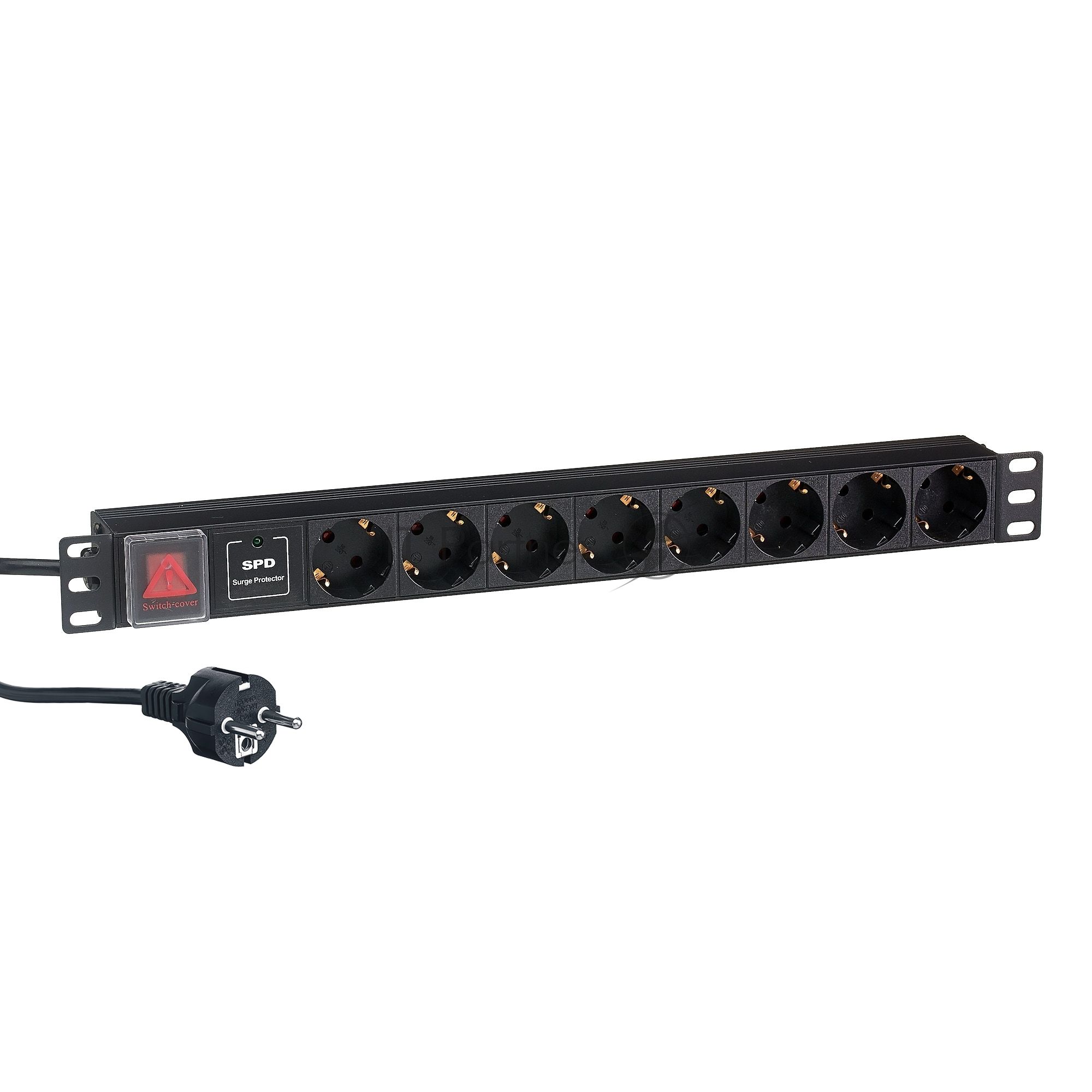 Блок розеток горизонтальный ExeGate ServerPro PDU-19H807 Al-8S-EU2-SW-SPD1, 19", 1U, Алюминий, 8 Schuko, кабель с евровилкой VDE-250V-16A-3*1.5мм2, 2 метра, выкл. с подсветкой, SPD1, черный