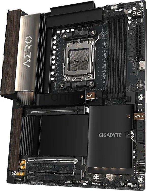 Материнская плата Gigabyte X870E AERO X3D DARK WOOD, AM5, AMD X870E, 4xDDR5, 4xSATA 6Gb/s, 4xM.2, 2xPCIe 5.0 x16, 1xPCIe 4.0 x4, 1xHDMI, 2x5Gb LAN, 3xUSB Type-C, 5xUSB 3.2 Gen 2, 3xUSB 3.2 Gen 1, 2x3.5 мм, 7.1, ATX