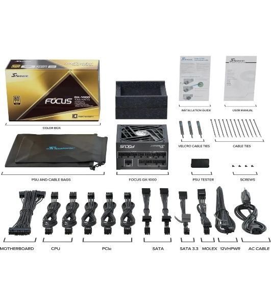Блок питания Seasonic ATX 1000W Focus GX-1000 80 PLUS gold (20+4pin) APFC 135мм fan 10xSATA Cab Manag RTL