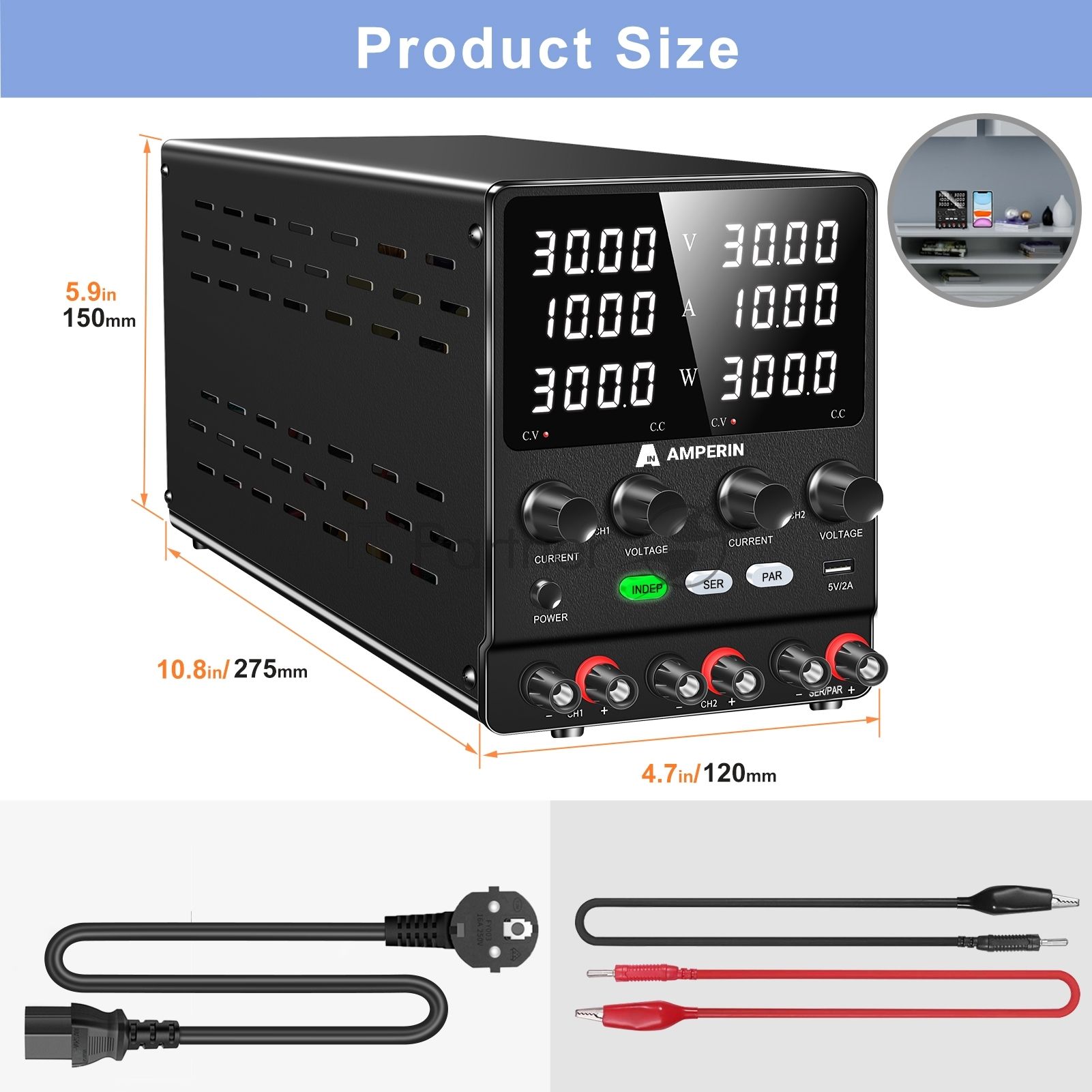 Лабораторный блок питания двухканальный Amperin AI-W3010x2C 30V, 10A, 0,6 кВт