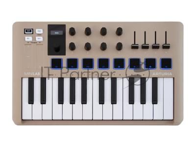 Клавиатура MIDI 231508 Arturia MiniLAB 3 Champagne 25 клавиш, 8 энкодеров, 8 RGb пэдов, 8 фейдеров, дисплей, сенсорные регуляторы Pitch/Modulation, MIDI-выход, 1/4" Jack вход педали, режим Chord, арпеджиатор, USB-C