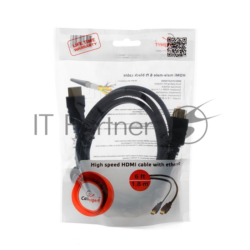Кабель Cablexpert HDMI CC-HDMI4-6, 19M/19M, v2.0, медь, позол.разъемы, экран, 1.8м, черный, пакет
