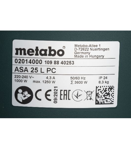 Пылесос строительный Metabo ASA 25 L PC 602014000 Пылесос 1250вт,розетка,ручн.очистка, бак 25л, вес 8.3 кг