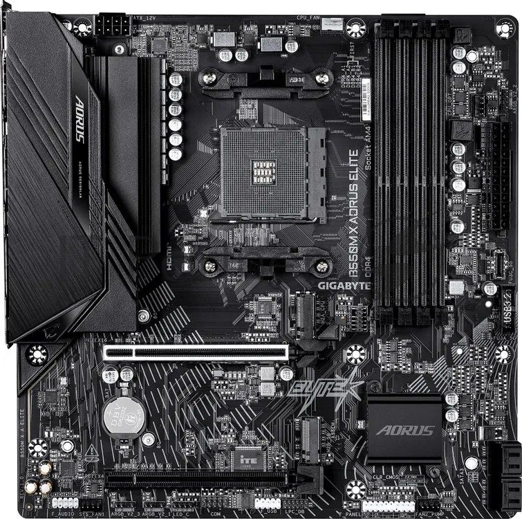 Материнская плата Gigabyte B550M X AORUS ELITE, AM4, AMD B550, 4xDDR4, 4xSATA, 2xM.2 PCIe 4.0/3.0, 1xPCIe 4.0 x16, 1xPCIe 3.0 x4, 1xHDMI, 1xDisplayPort, 1x 2.5Gb LAN, 4xUSB 3.2 Gen 1, 1xUSB Type-C 3.2 Gen 1, 2xUSB 2.0, 3x3.5 мм, 7.1, microATX