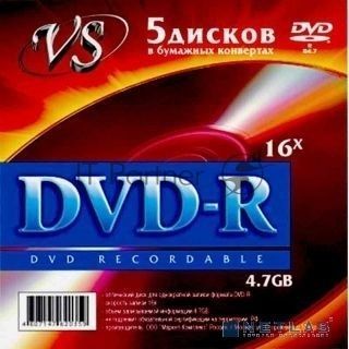 Диск DVD+R VS 4.7 Gb, 16x, Конверт (5), (5/250)