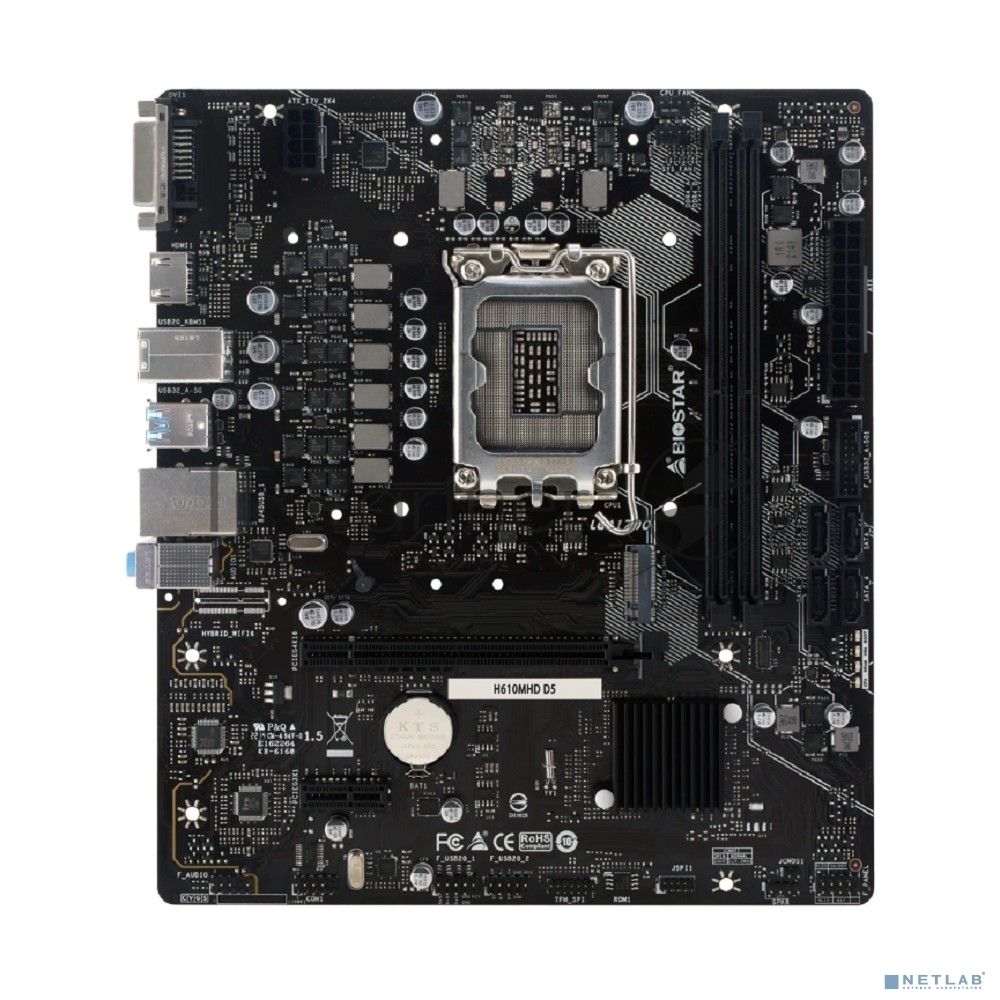 Материнская плата Biostar H610MHD D5, LGA1700, Intel H610, 2xDDR5, 4xSATA, 1xM.2, 1xPCIe 4.0 x16, HDMI, DVI-D, 1x1Gb LAN, 3x3.5 мм, 7.1, microATX