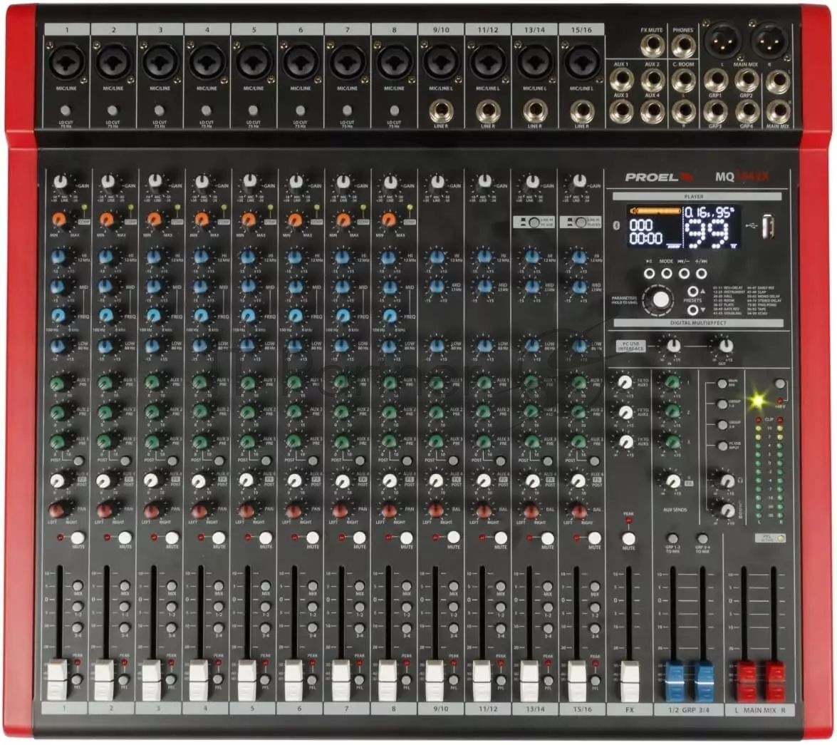 Микшерный пульт PROEL [MQ1642X] 16-ти канальный, 24 бит/48 кГц DSP, Bluetooth, медиа-плеер, 8x Combo XLR микр./лин. входа, 4x XLR+1/4" TRS (L/R) стерео микр./лин. входа, 2x XLR+1/4" TRS Main вых., 2x2 USB аудио интерфейс, 2x USB-A порта