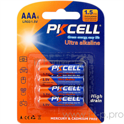Щелочной/алкалиновый элемент питания PKCELL LR03-4B тип - AAА 4 шт в блистере