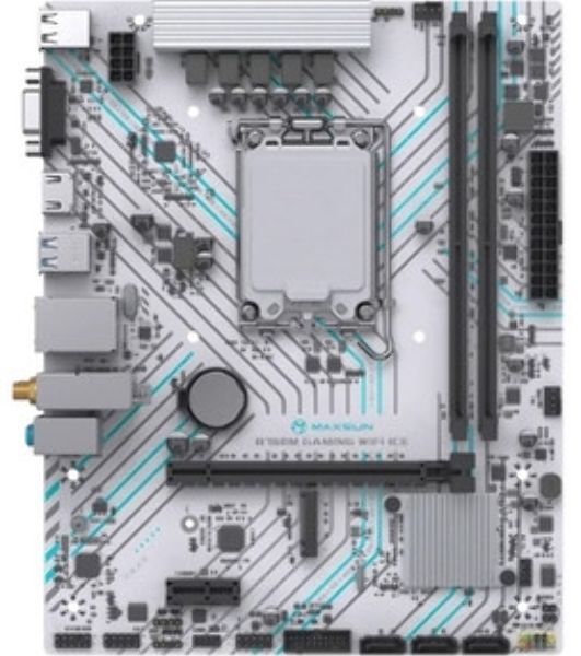 Материнская плата Maxsun B760M GAMING WIFI ICE, LGA 1700, Intel B760, 2xDDR4, 3xSATA, 1xM.2, 1xPCIe 4.0 x16, 1xPCIe x1, 1xVGA, 1xHDMI, 1x1Gb LAN, Wi-Fi 5, Bluetooth 4.2, 2xUSB-A 5Gbps, 4xUSB-A 2.0, 3x3.5 мм, 7.1, белый, mATX
