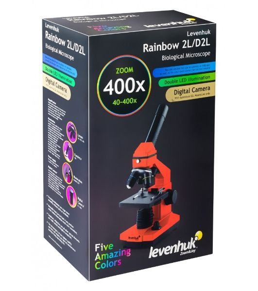 Микроскоп Levenhuk RAINBOW 2L AMETHYST/Аметист Микроскоп с предметным столиком, трехгнездным револьвером, фокусировочным механизмом, двумя источниками света с регулировкой яркости Монокулярная насадка Объективы: 4х, 10х, 40х, Увеличение микроскопа: 64-640