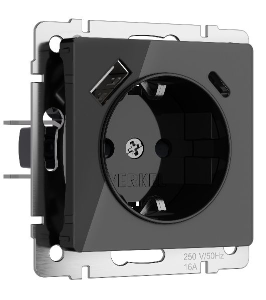 Розетка с заземлением, шторками и USB тип A+C (черный акрил)