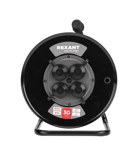 Удлинитель силовой Rexant КГ на катушке 4 гнезда, с/з, 30 м, 3х1,5 мм², IP44 c защитными крышками, металлическая катушка