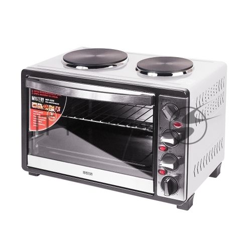 Мини-печь Mystery MOT-3330 (нержавеющая сталь, 1500 Вт, 2 конфорки, гриль, съемный вертел)