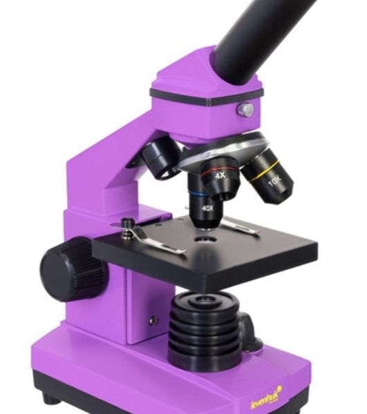 Микроскоп Levenhuk RAINBOW 2L AMETHYST/Аметист Микроскоп с предметным столиком, трехгнездным револьвером, фокусировочным механизмом, двумя источниками света с регулировкой яркости Монокулярная насадка Объективы: 4х, 10х, 40х, Увеличение микроскопа: 64-640