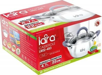 Кастрюля LARA LR02-483 BELL 22x12,5 см, 4,7 л, нержавеющая сталь 316L (хром/никель/молибден), индукционное дно, силиконовая ручка, стеклянная крышка