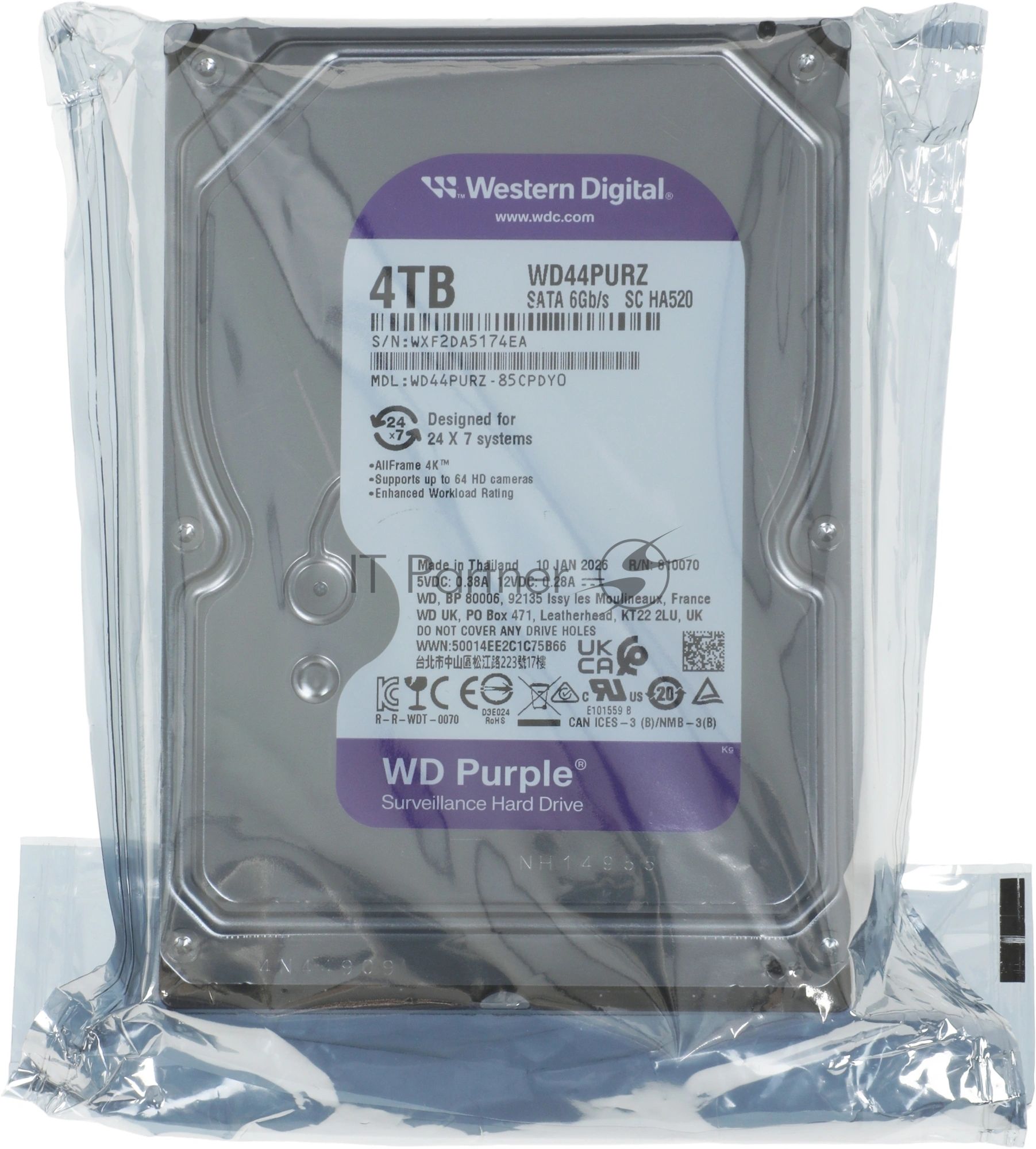 Жесткий диск Western Digital 4TB 5400 Purple Pro Surveillance, Cache 128MB