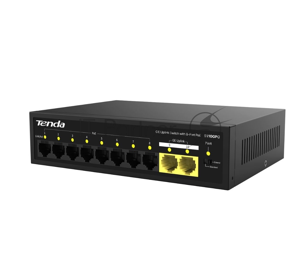 Коммутатор Tenda S110GPC, 8×100 Мбит/с PoE + 2×1 Гбит/с, неуправляемый