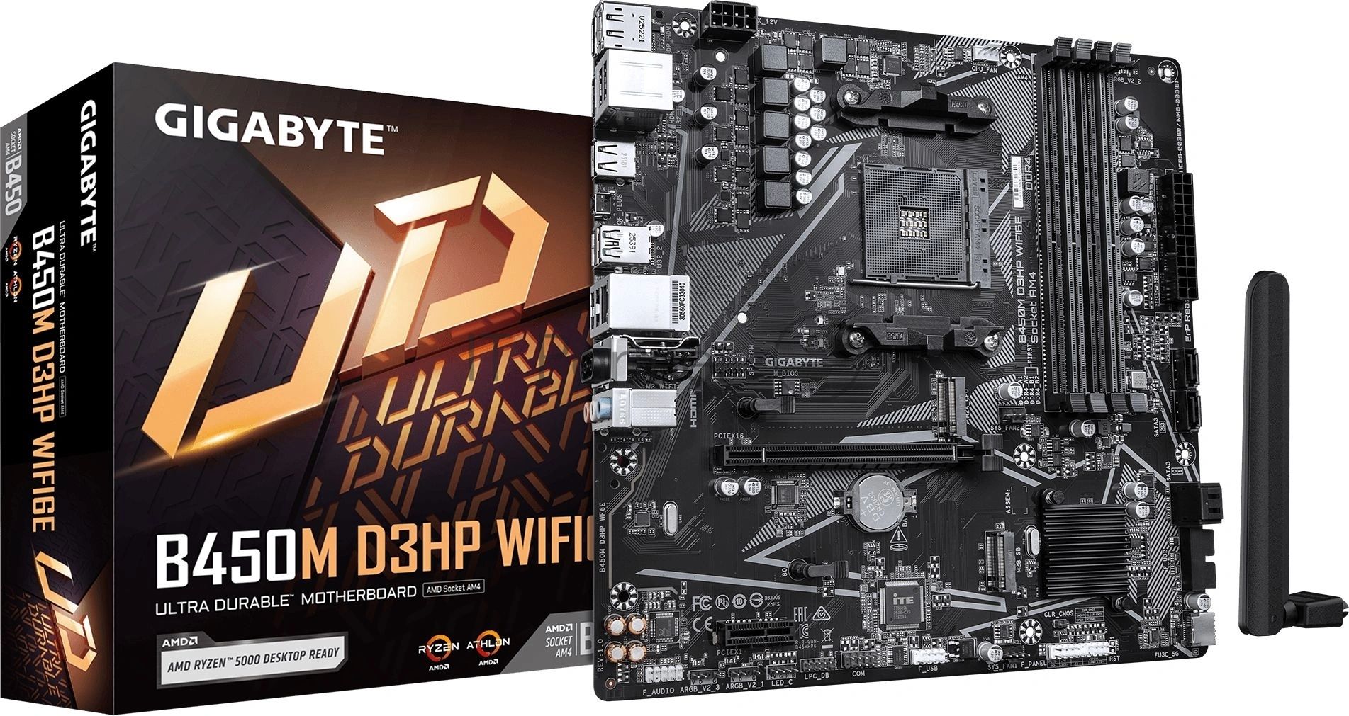 Материнская плата Gigabyte B450M D3HP WIFI6E, AM4, AMD B450, 4xDDR4, 4xSATA 6Gb/s, 2xM.2, 1xPCIe 3.0 x16, 1xPCIe 2.0 x1, 2xHDMI, 1xDisplayPort, 1x1Gb LAN, 4xUSB 3.2 Gen 1, 3xUSB 2.0, 3x3.5 мм, 7.1, microATX