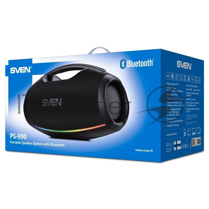 Портативная акустическая система SVEN PS-990, черный, 2.0, 2x90 Вт (RMS), IPx7, TWS, Bluetooth, USB, аккумулятор