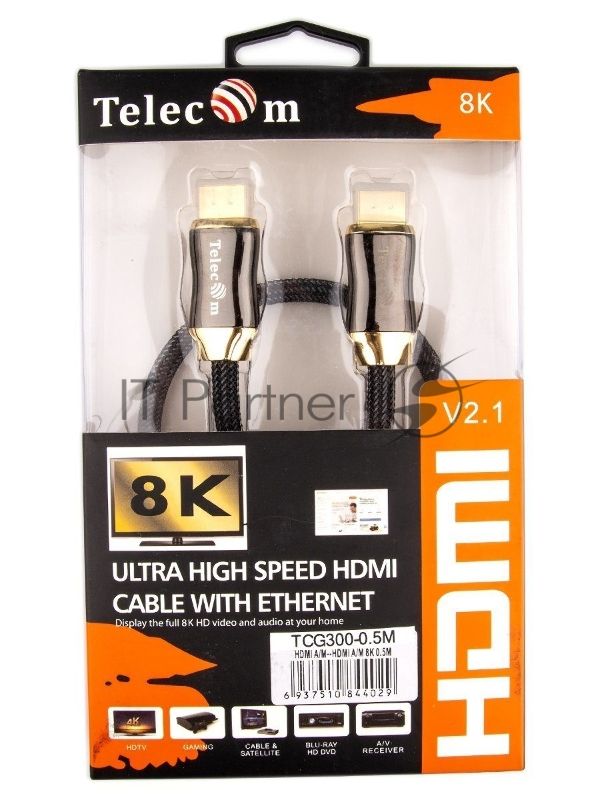 Кабель HDMI 19M/M,ver. 2.1, 8K@60 Hz 0.5m метал разъемы, нейлоновая оплетка Telecom TCG300-0.5M Кабель HDMI 19M/M,ver. 2.1, 8K@60 Hz 0.5m метал разъемы, нейлоновая оплетка Telecom