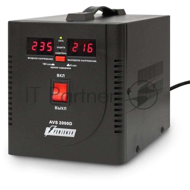 Стабилизатор напряжения Powerman AVS-D Voltage Regulator 2000VA, Digital Indication, 2x Schuko Outlets, 1m Power Cord, 230V, 1 year warranty, черный