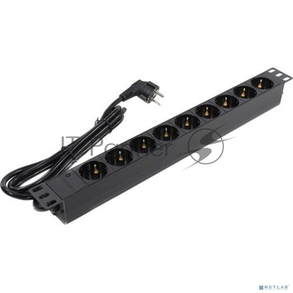 Блок розеток горизонтальный ExeGate ServerPro PDU-19H903 Al-9S-EU2, 19", 1U, Алюминий, 9 Schuko, кабель с евровилкой VDE-250V-16A-3*1.5мм2, 2 метра, черный