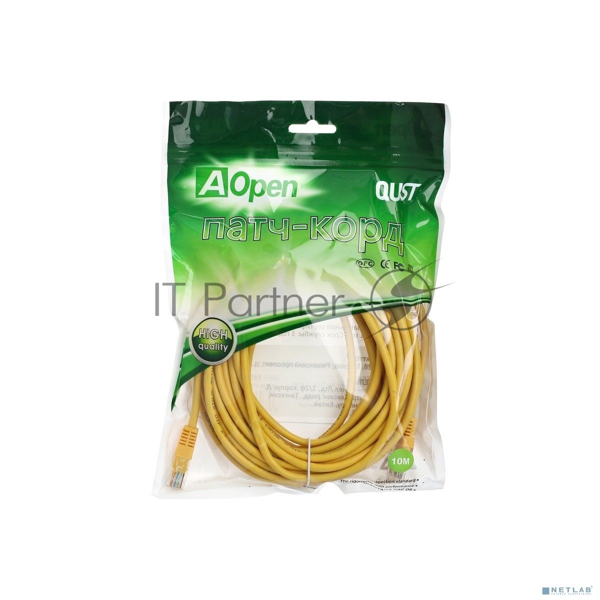 Патчкорд литой "Aopen" UTP кат.5е 10м желтый