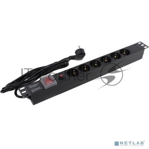 Блок розеток горизонтальный ExeGate ServerPro PDU-19H606 Al-6S-EU2-SW-O, 19", 1U, Алюминий, 6 Schuko, кабель с евровилкой VDE-250V-16A-3*1.5мм2, 2 метра, выкл. с подсветкой, защита от перегрузки, черный