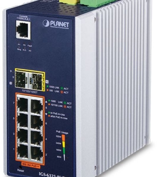 Коммутатор PLANET IGS-6325-8UP2S IP30 DIN-rail Industrial L3 8-Port 10/100/1000T 802.3bt PoE + 2-port 1G/2.5G SFP Full Managed Switch (-40 to 75 C, 8-port 95W PoE++, 802.3bt/PoH/Force modes, dual redundant power input on 48~56VDC terminal block, DIDO, ERP